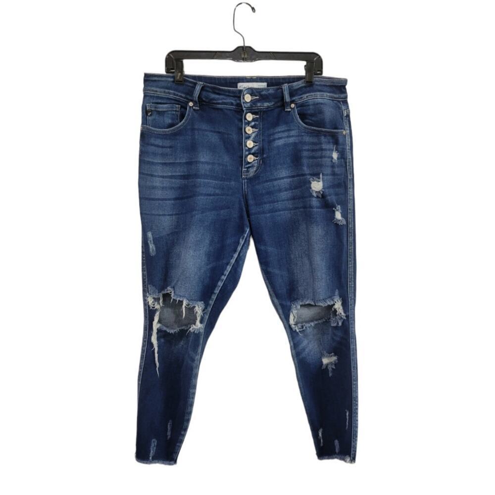 Kancan Plus Size Skinny Curvy High Rise Button Fly Frayed Raw Hem Jeans Size 14‎